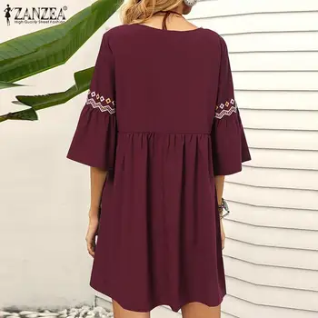 2021 ZANZEA Elegante Femei Imprimate Sundress Casual de Vară V Gâtului 3/4 Flare Sleeve Mini Dress Femme Halat Vestidos