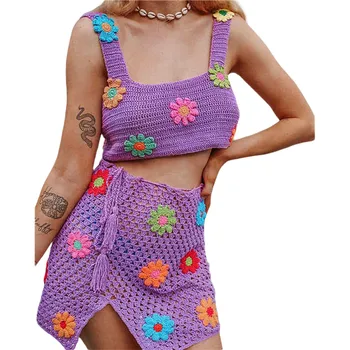 2 buc Femei Sexy Două piese de Tricotat Haine Set de Vară Costum Fusta Set Floral/ Inima Model fără Mâneci Topuri de Cultură +Fusta Tricotate