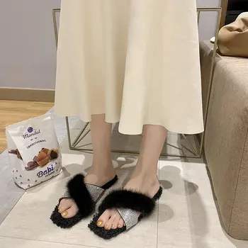 Noul Sosit De Lux Pentru Femei Papuci Fată Elegant Faux Blana Eco-Legat Feminin Sexy Doamnelor Sandale Exterior Toc Plat De Bază A Pompei