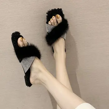 Noul Sosit De Lux Pentru Femei Papuci Fată Elegant Faux Blana Eco-Legat Feminin Sexy Doamnelor Sandale Exterior Toc Plat De Bază A Pompei