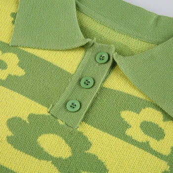 Rockmore Print Floral Tricotate Crop Top pentru Femei Y2K Drăguț Tricou Guler de Turn-Down Maneci Scurte Tee Kawaii Estetice Tricou de Vara