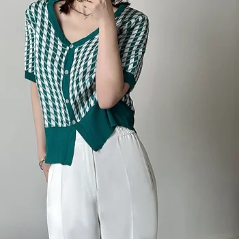 V-neck Short Sleeve Plaid Tricotaje Sacou Femei de 21 de Vara Noi-coreean Split Jacket