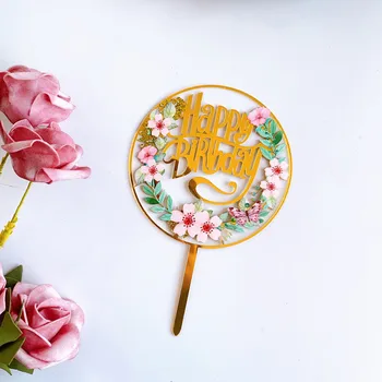 2021 Flori de Culoare Happy Birthday Cake Topper Aur Acrilice Cupcake Ziua Fân Decor pentru Petrecere de Aniversare pentru Copii Tort de Decorare