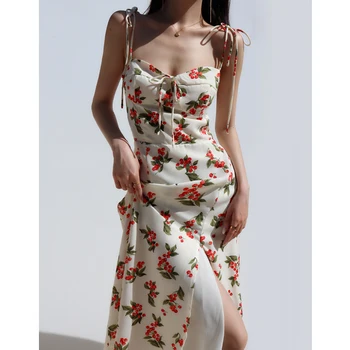 Vara Femeile Bandaj Cherry Floral Dress V Gâtului Fără Mâneci Split Partea Speghetti Rochie Curea Talie Mare Arc De Vacanță Rochie Midi