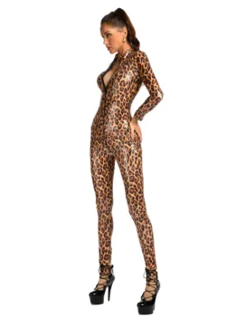 Stretch Skinny Piele de Leopard Body Sexy Femei Elastice 2way Fermoar Deschis Picioare Salopeta Dans Club de noapte Poarte Lenjerie Erotica