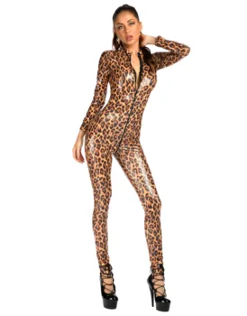 Stretch Skinny Piele de Leopard Body Sexy Femei Elastice 2way Fermoar Deschis Picioare Salopeta Dans Club de noapte Poarte Lenjerie Erotica