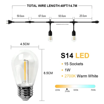S14 Lumini Șir LED IP65 15M Grad Comercial Lumini Șir LED E27 LED Edison Filament BulbOutdoor Grădină, Terasă Holiday Nunt