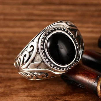 Argint 925 argint Thai negru agat, granat roșu vechi rattan piatră prețioasă bărbați inel de argint