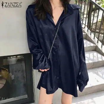 Femei Primavara Bluze ZANZEA 2021 Elegant Rever Tricouri Casual cu Maneci Lungi Blusa de sex Feminin Butonul Solid Camasa Tunica