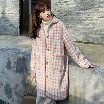 Lână & Amestecuri Femei Carouri Roz Singur Pieptul Coreeană Stil Dulce Minunat Vintage Fete Paltoane Elegante De Licitație Elegant De Zi Cu Zi