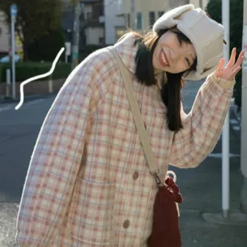 Lână & Amestecuri Femei Carouri Roz Singur Pieptul Coreeană Stil Dulce Minunat Vintage Fete Paltoane Elegante De Licitație Elegant De Zi Cu Zi