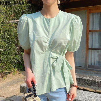 Korejpaa Femei Tricou 2021 Coreea Chic De Vara De Culoare Solidă Gât Rotund Partea Papion Design De Talie Bubble Sleeve Shirt Bluza Femei