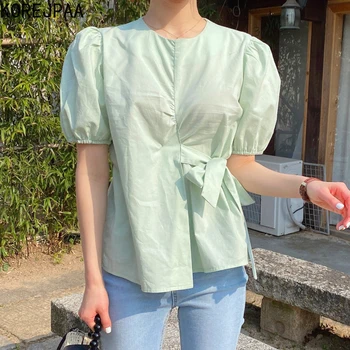 Korejpaa Femei Tricou 2021 Coreea Chic De Vara De Culoare Solidă Gât Rotund Partea Papion Design De Talie Bubble Sleeve Shirt Bluza Femei