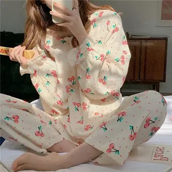 QWEEK Bumbac Pijama coreean Pijamale de Vară 2021 Pijamale pentru Femei Cherry Imprimare Pijama Set 2 Piese Maneca Lunga, Pijamale, Costume