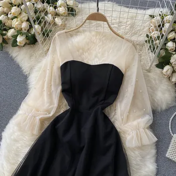 într-culoare negru restabilirea moduri vechi la nou 2021 franceză perla tifon alb mâneci show talie subțire rochie