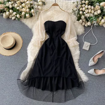 într-culoare negru restabilirea moduri vechi la nou 2021 franceză perla tifon alb mâneci show talie subțire rochie