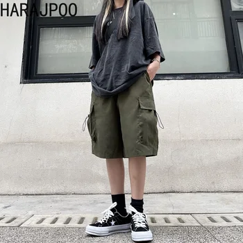 Harajpoo Pereche de Pantaloni de Vară 2021 coreean URI la Modă Japonez Vintage Patch-uri de Buzunar All-Meci Casual Pierde Cinci puncte Salopete