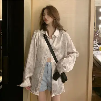 QWEEK Stil coreean Camasi pentru Femei Tie Dye Print Bluze cu Maneca Lunga Top Doamnelor Primăvară-Vară 2021 Moda Dovada de Soare Cardigan