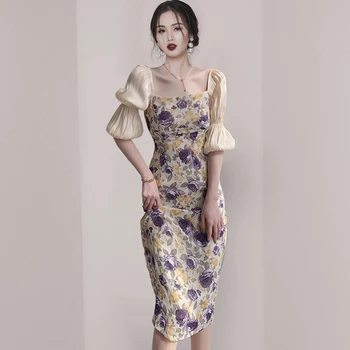 2021 coreean Vara Office OL Rochie Eleganta pentru Femei Guler Pătrat Flori de Imprimare Despicare Bodycon Partid Rochie de Creion