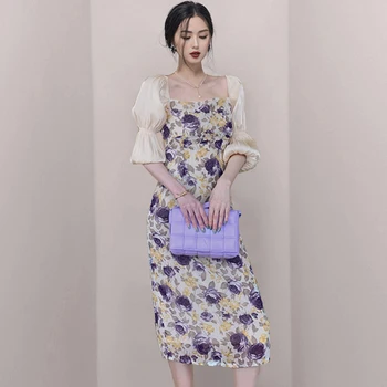 2021 coreean Vara Office OL Rochie Eleganta pentru Femei Guler Pătrat Flori de Imprimare Despicare Bodycon Partid Rochie de Creion