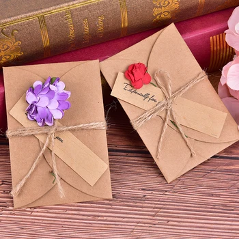 10buc Retro DIY Hârtie Kraft Invitație, Felicitare Cu Plic Handmade Flori Uscate de Nunta Invitatie la Petrecere Plicuri