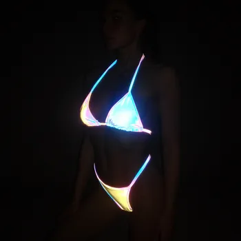 Colorate Reflectorizante Bikini uri Sexy Bandaj Split costum de Baie cu Laser Întuneric de Noapte Stralucitoare Colorate Intermitente de costume de Baie bathingsuit femei