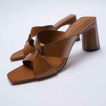 Femei Maro Vara Designer de Pantofi Toc Gros Cruce Sus Sandale pentru Femei din Piele de Calitate