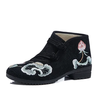 Veowalk Iarna Femei Tesatura Jacquard Cizme Scurte Căptușeală Lână Cald Botine Retro Doamnelor Chineză Pantofi Brodate Negre