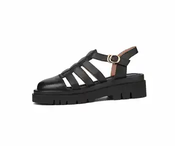 Krazing oală de vară Roma vacă din piele rotund-deget de la picior med tocuri Britanice școală tânără pantofi de brand solid cataramă curele femei sandale