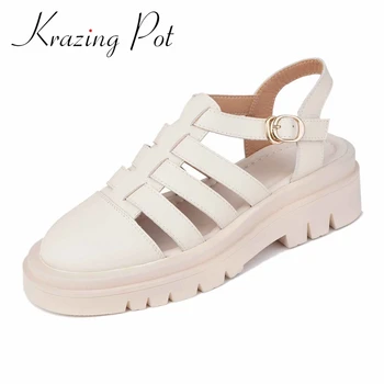 Krazing oală de vară Roma vacă din piele rotund-deget de la picior med tocuri Britanice școală tânără pantofi de brand solid cataramă curele femei sandale