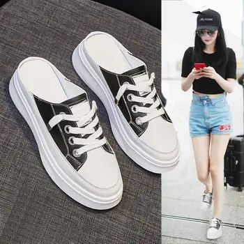 YEELOCA Papuci pentru Femei de Vara Noi Versiunea coreeană a Nu Toc Gros de Jos a Pedalei de Platforma Apartamente Femei Alb Pantofi Adidași