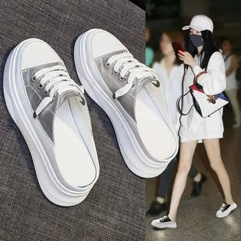YEELOCA Papuci pentru Femei de Vara Noi Versiunea coreeană a Nu Toc Gros de Jos a Pedalei de Platforma Apartamente Femei Alb Pantofi Adidași