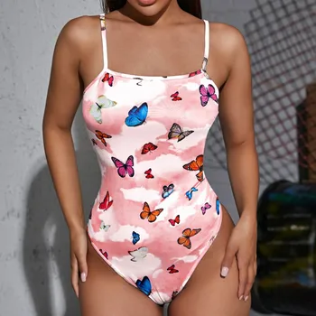 Femei pe Plaja de Moda Rochie Halter Fluture Imprimat-O bucată de costume de Baie Bandeau Brazilian Bodysuit Beachwear Bikini 2021 Mujer