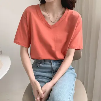 HAN cu mânecă Scurtă T-shirt femei vara stil nou din bumbac V-gât cu liber versiunea coreeană de bază simplu solid de culoare moda