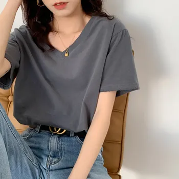 HAN cu mânecă Scurtă T-shirt femei vara stil nou din bumbac V-gât cu liber versiunea coreeană de bază simplu solid de culoare moda