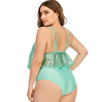 Femei 2021 Două Piese de Costume de baie Verde cu Paiete Beachwear Talie Mare Bikini Bottom Zburli Top de costume de Baie Plus Dimensiune 5XL Biquini