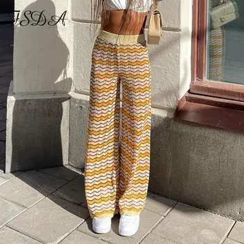 FSDA 2021 Vară Primăvară Epocă Pantaloni Femei cu Mult Galben Y2K Largi Picior de Moda de Plaja Talie Mare Tricotate Pantaloni Casual
