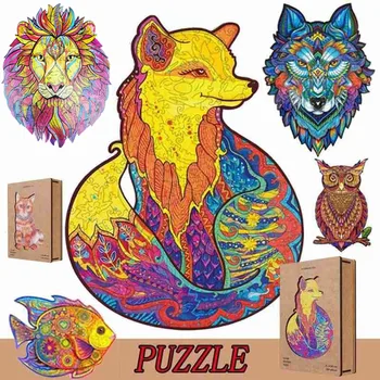 Puzzle din lemn Pentru Adulți Copii DIY Misterios leu Puzzle-uri Fiecare Piesa Este in Forma de Animal Cadou de Craciun din Lemn Jigsaw Puzzle