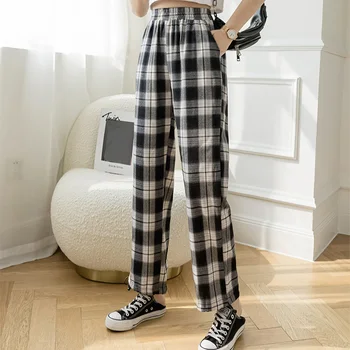 Pantaloni carouri Femei Talie Mare Stil coreean Carouri Pantaloni pentru Femei Direct 2021 Pantaloni Casual Femei Grămadă Picioare