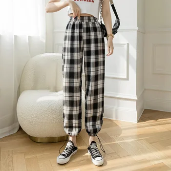 Pantaloni carouri Femei Talie Mare Stil coreean Carouri Pantaloni pentru Femei Direct 2021 Pantaloni Casual Femei Grămadă Picioare
