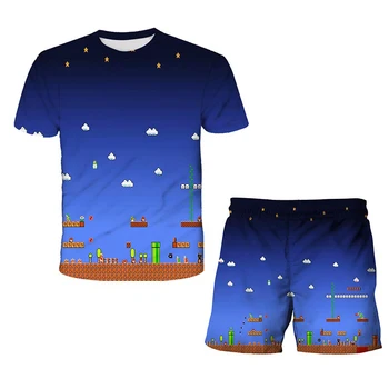 Vânzare fierbinte! Vara 2021 Mario Stil Colectia Pentru Copii Baieti Si Fete Tricou + Pantaloni Scurți Sportsuit Copii