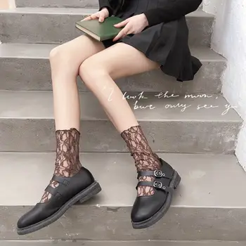 Japonez Harajuku Lolita Sosete Pentru Femei Ultra-Subțire Transparent Plasă De Dantelă Ciorapi Dulce Retro Alb-Negru Printesa Șosete Sokken