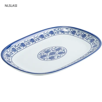 Chineză Stil Imitație de Plastic albastru și alb portelan Placă Dreptunghiulară Aliment de bază salata Desert friptura Farfurie de Tort Tacamuri