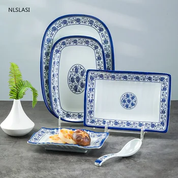 Chineză Stil Imitație de Plastic albastru și alb portelan Placă Dreptunghiulară Aliment de bază salata Desert friptura Farfurie de Tort Tacamuri