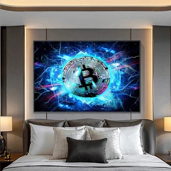 Modern abstract fundal albastru tablouri canvas si postere, elegant și creative Bitcoin imagini de artă pentru decor acasă