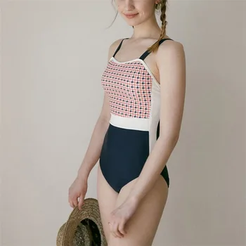 2021 Vara Femei-O bucată de costume de Baie Houndstooth Print Mozaic de Epocă, Costume de baie, Coreea de Student Stil Costum de Baie pe Plajă uzura