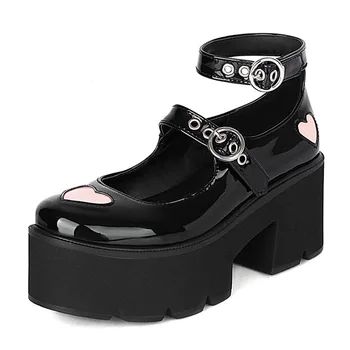 2021 Noi Catarama Inima Gothic Lolita Pantofi Pentru Femei Din Piele De Brevet Negru Platforma Indesata Toc Femei Pompe Japonez Harajuku