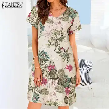 2021 Vara Boem Genunchi Rochie Femei Vintage Lenjerie de pat din Bumbac Vestidos ZANZEA Plaja de Moda Casual imprimeu Floral Sundress