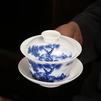 Gaiwan Ceașcă de ceai foarte Mare de Ceramică Set de Ceai kung fu Singur Castron de Ceai Sancai Ceașcă Albă de Porțelan Albastru și Alb Acasă de Mână Oala