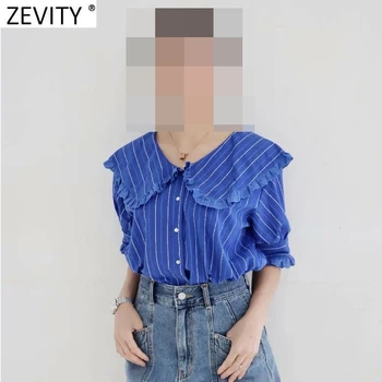 ZEVITY Femei Vintage Bluza cu Dungi de Imprimare Tricouri Femei Peter Pan Guler de Dantelă Decor Chic Office Femininas Blusas Topuri LS9302